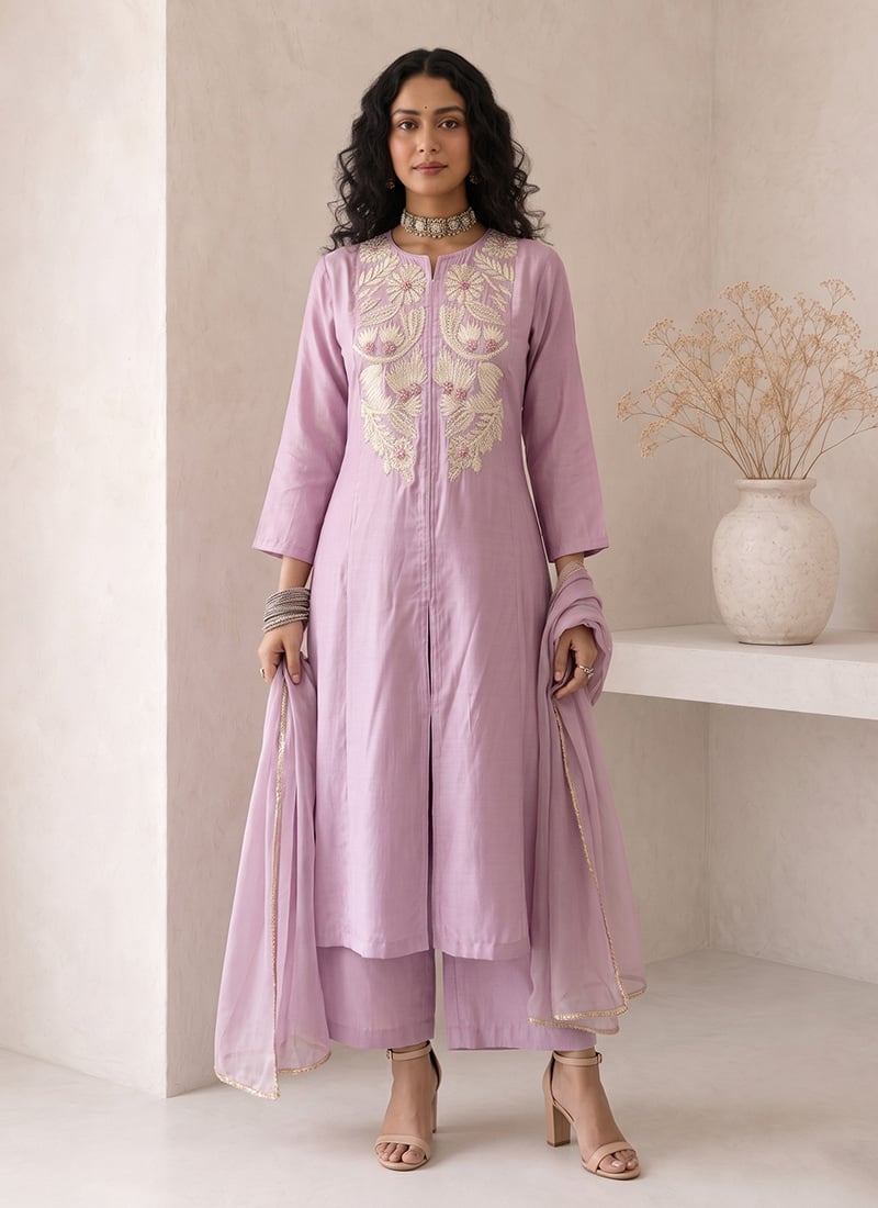 Lavender Silk Embroidered A Line Anarkali Palazzo Suit Festive Wear