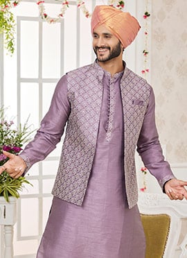 Lavender Silk Embroidered Bandhgala jacket For Men