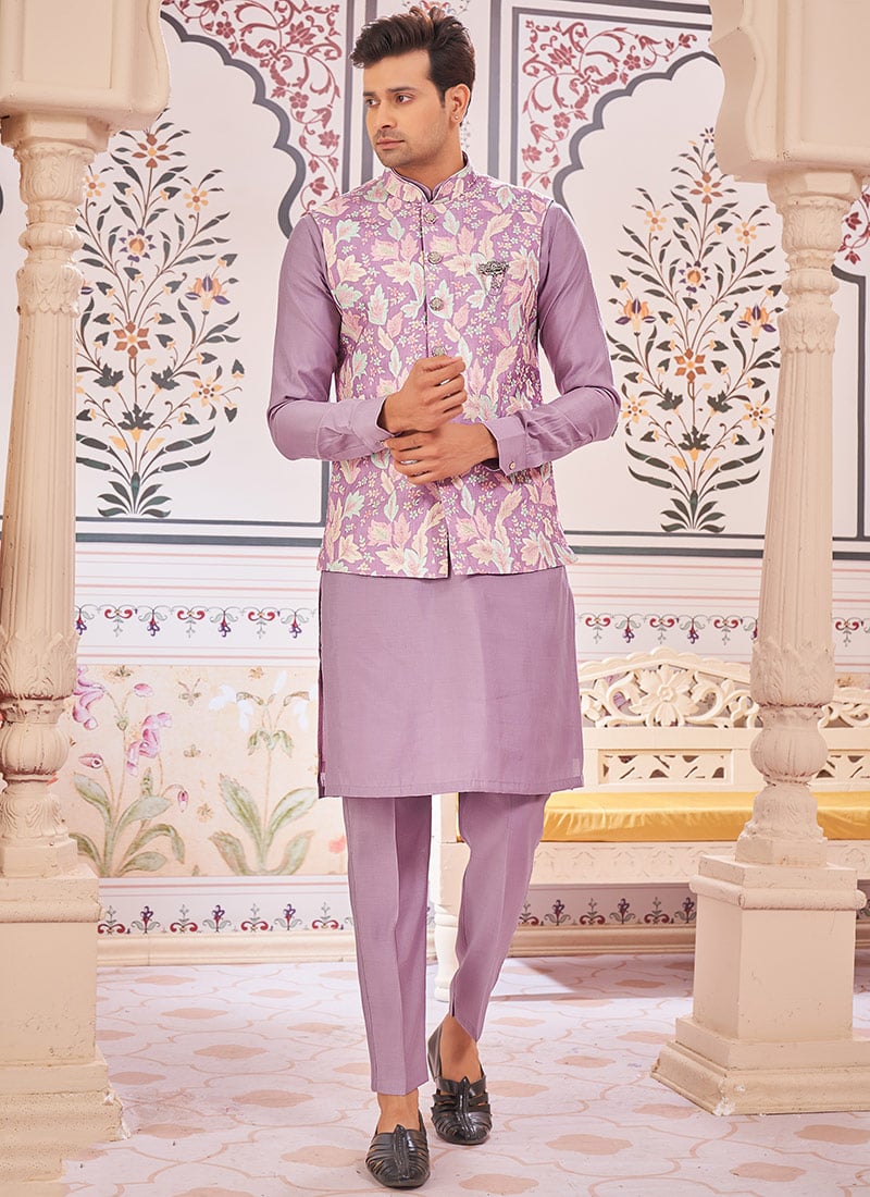 Lavender Silk Embroidered Bandi Set Festive Wear