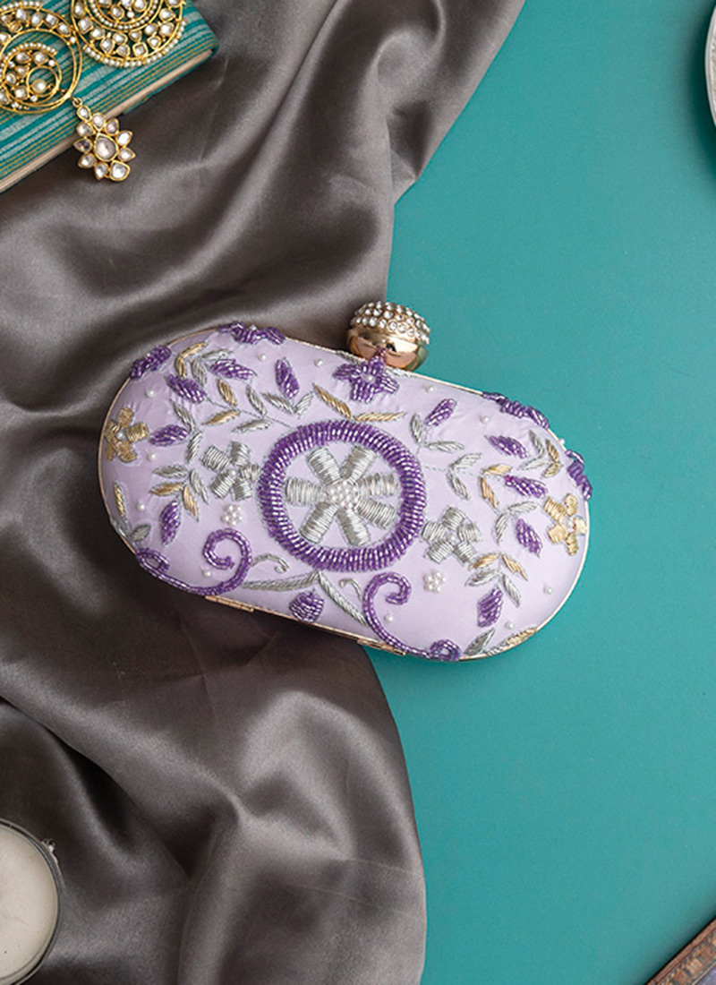 Lavender Silk Embroidered Clutch Embossed With Moti Party Wear