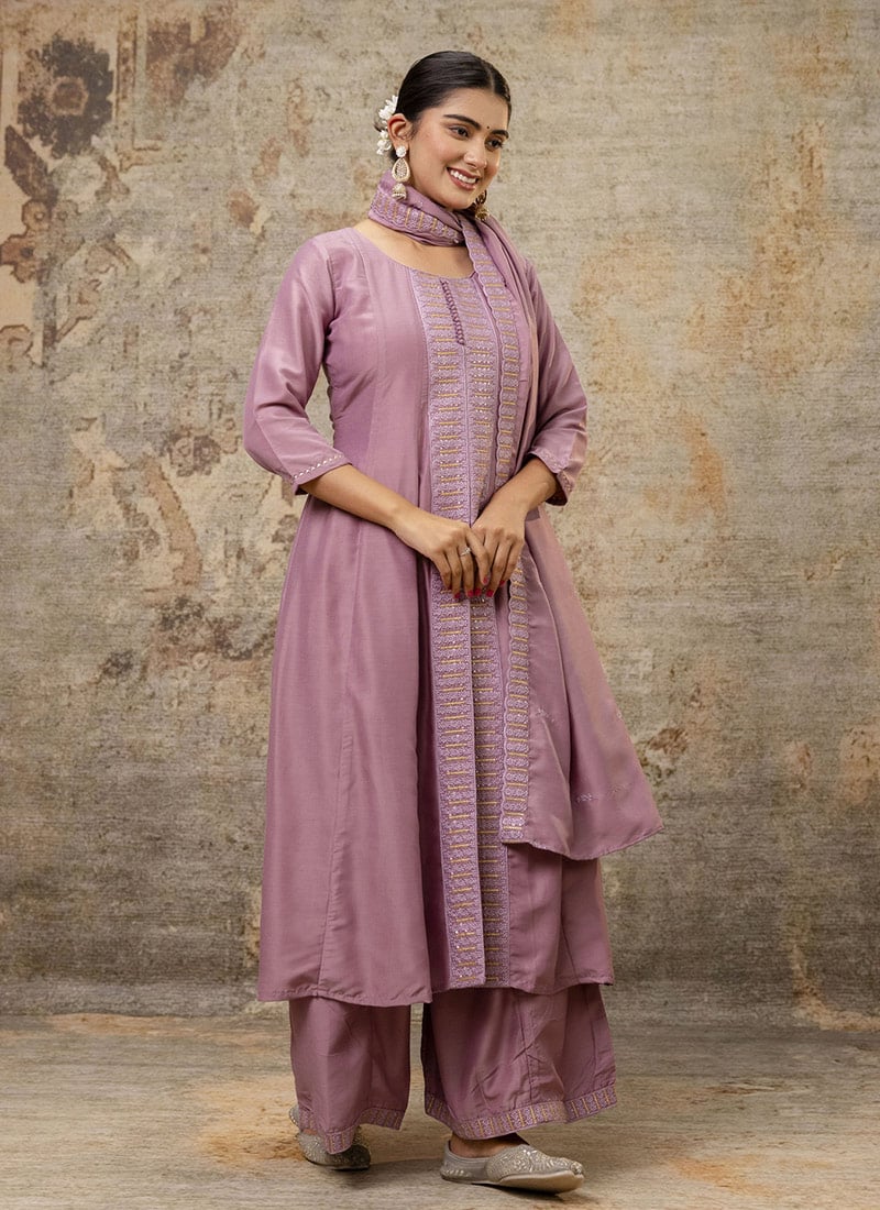 Lavender Silk Embroidered High Slit Palazzo Suit Festive Wear
