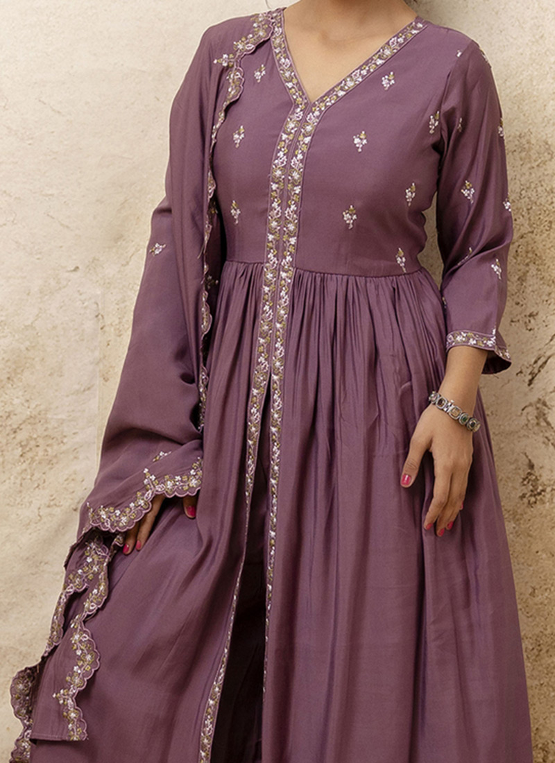 Festive Wine Embroidered Premium Silk Palazzo Suit