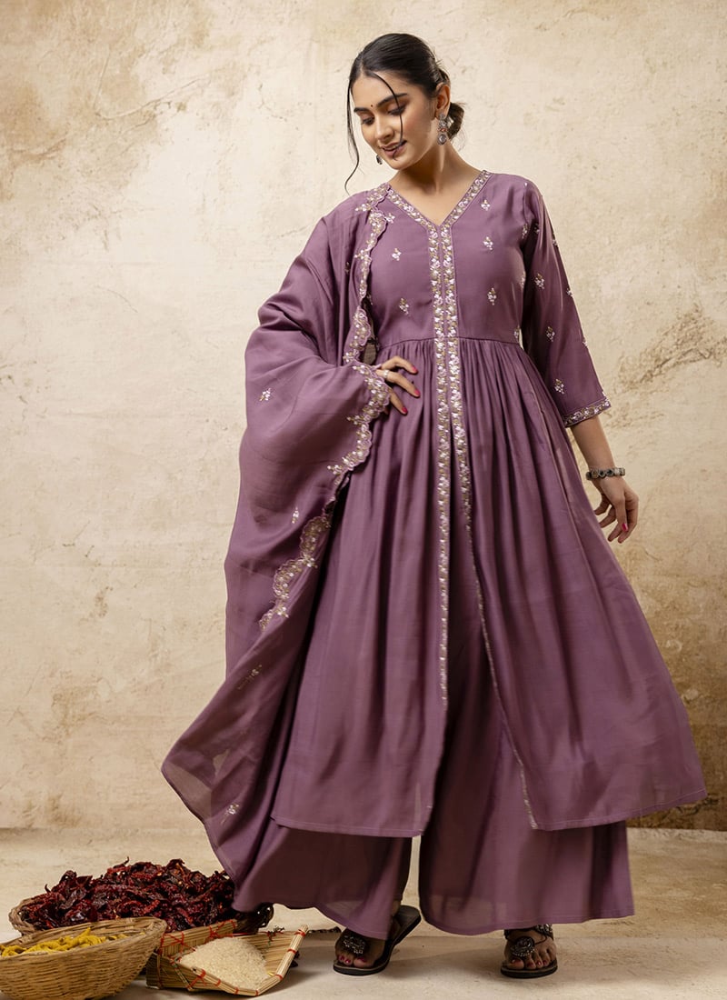 Lavender Silk Embroidered High Slit Palazzo Suit
