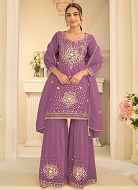 Lavender Silk Embroidered Mirror Work Sequins Thread Sharara Suit