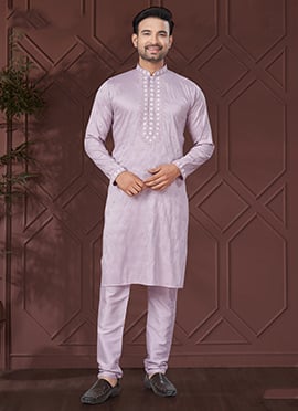 Lavender Silk Embroidered Sequin Mens Kurta Pyjama Set