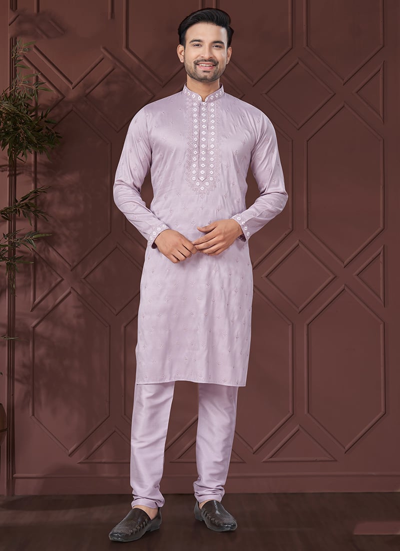 Lavender Silk Embroidered Sequin Mens Kurta Pyjama Set Festive Wear