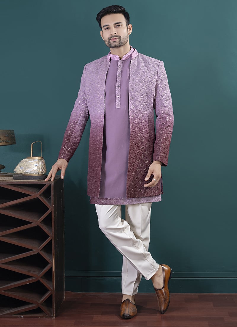 Lavender Silk Embroidered Sequins Indowestern Sherwani Wedding Wear
