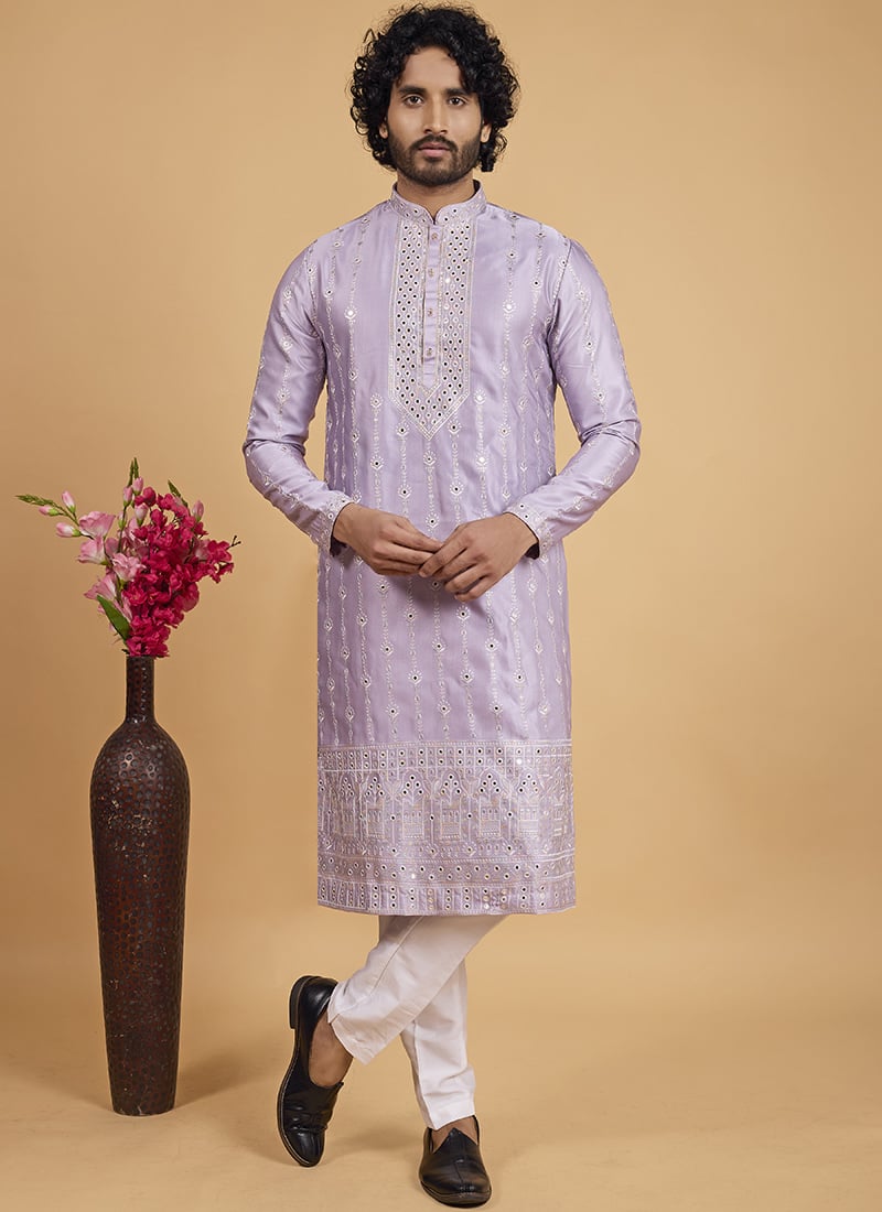 Lavender Silk Embroidered Sequins Kurta Pyjama Festive Wear