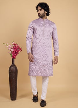 Lavender Silk Embroidered Sequins Kurta Pyjama