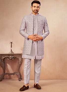 Lavender Silk Embroidered Sequins Open Indowestern Sherwani