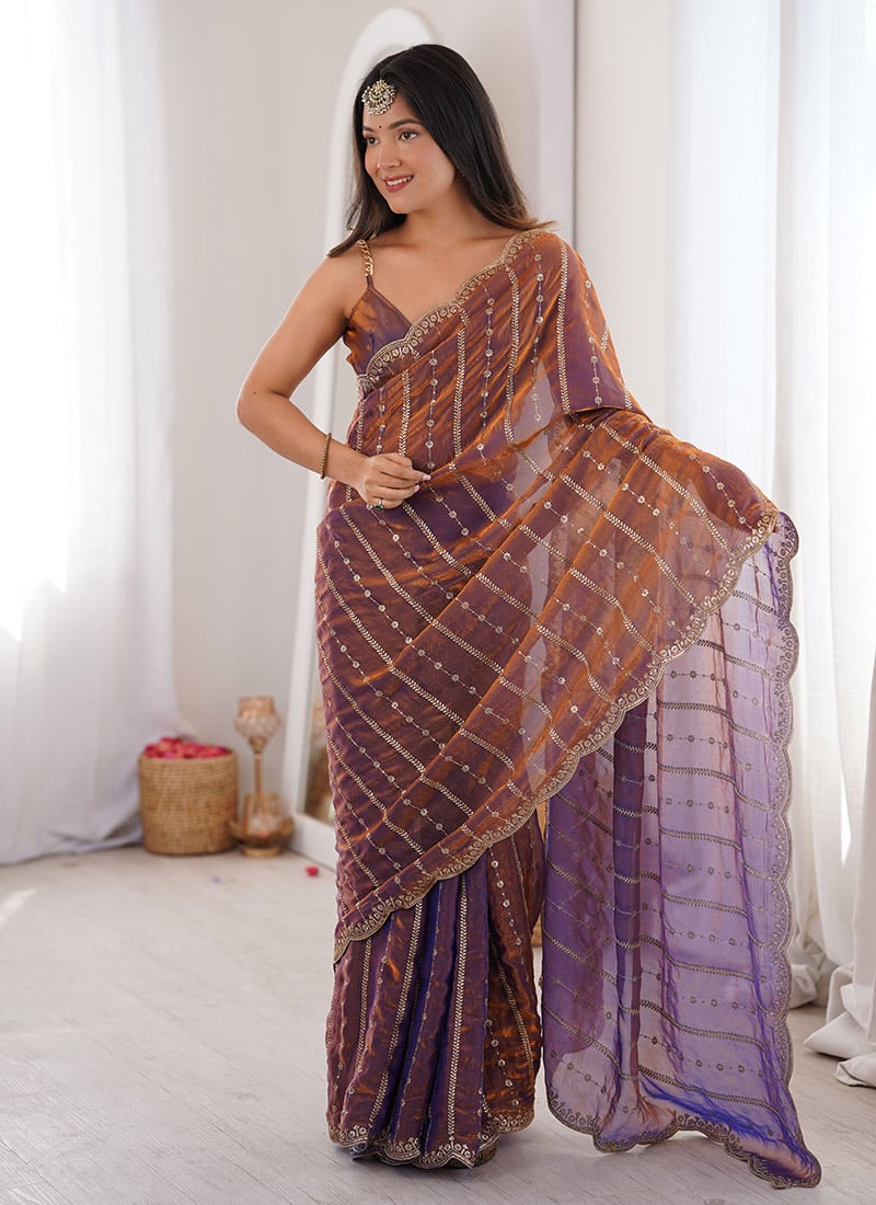 Lavender Silk Embroidered Sequins Saree Party Wear