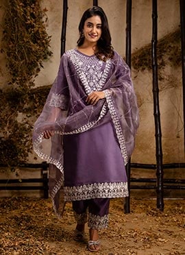 Lavender Silk Embroidered Sequins Straight Pant Suit