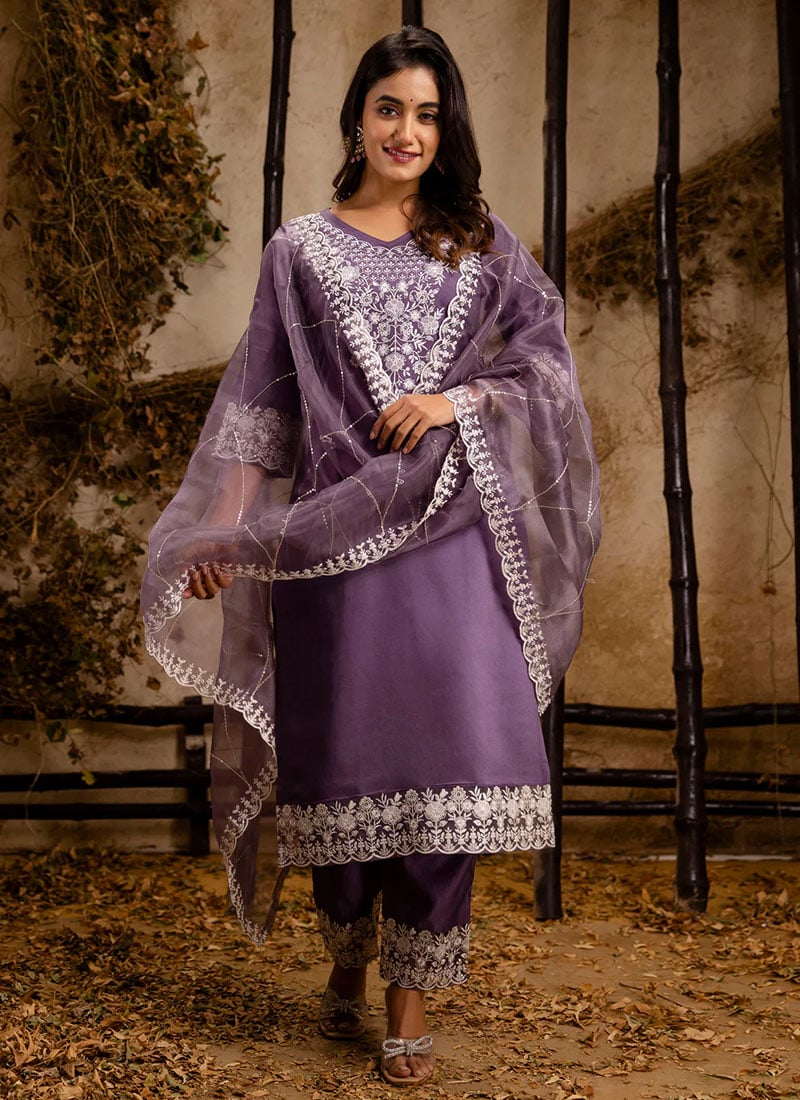 Lavender Silk Embroidered Sequins Straight Pant Suit Festive Wear