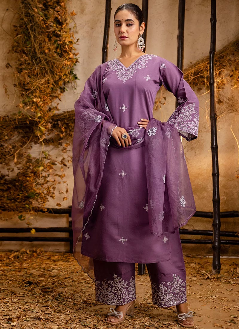 Lavender Silk Embroidered Sequins Straight Pant Suit Festive Wear