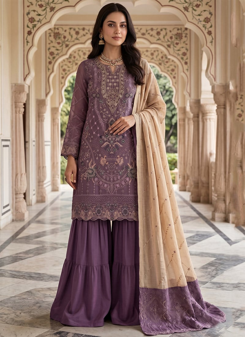 Lavender Silk Embroidered Sequins With Khatli Work Sharara Suit Festive Wear