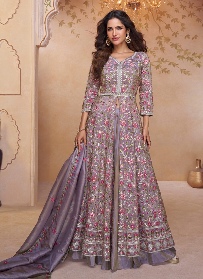 Lavender Silk Embroidered Sequins With Mirror Work High Slit Anarkali Suit  Festive Wear