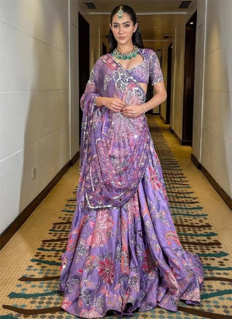 Lavender Silk Embroidered Sequins With Mirror Work Lehenga Wedding Wear