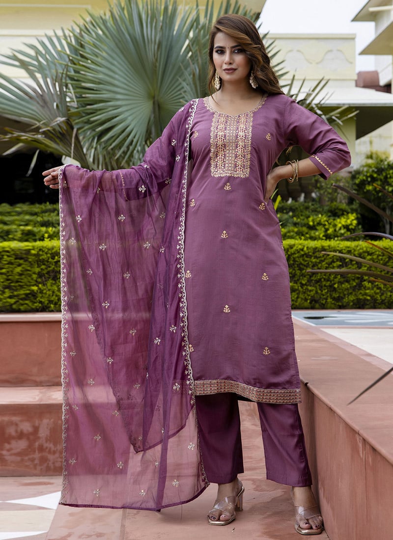 Lavender Silk Embroidered Straight Pant Suit Festive Wear