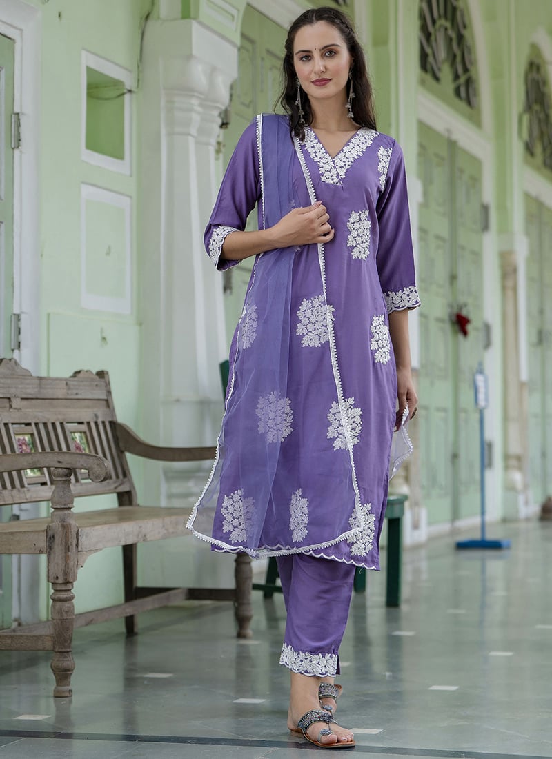 Lavender Silk Embroidered Straight Pant Suit Festive Wear