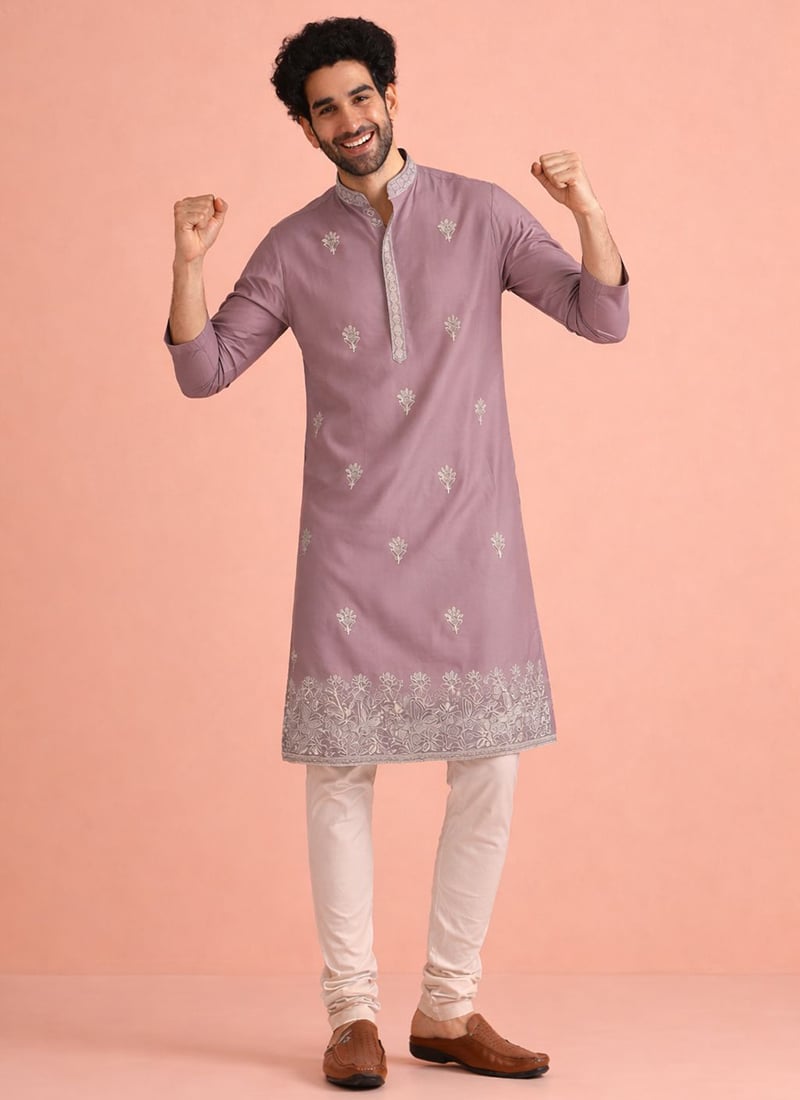 Lavender Silk Embroidered Thread Kurta Pyjama Festive Wear