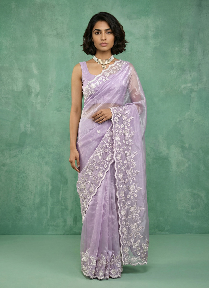 Lavender Silk Floral Embroidered Saree After Six Wear