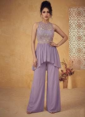 Lavender Silk Hand Embroidered Beads And Stones Indowestern Asymmetric Palazzo Set
