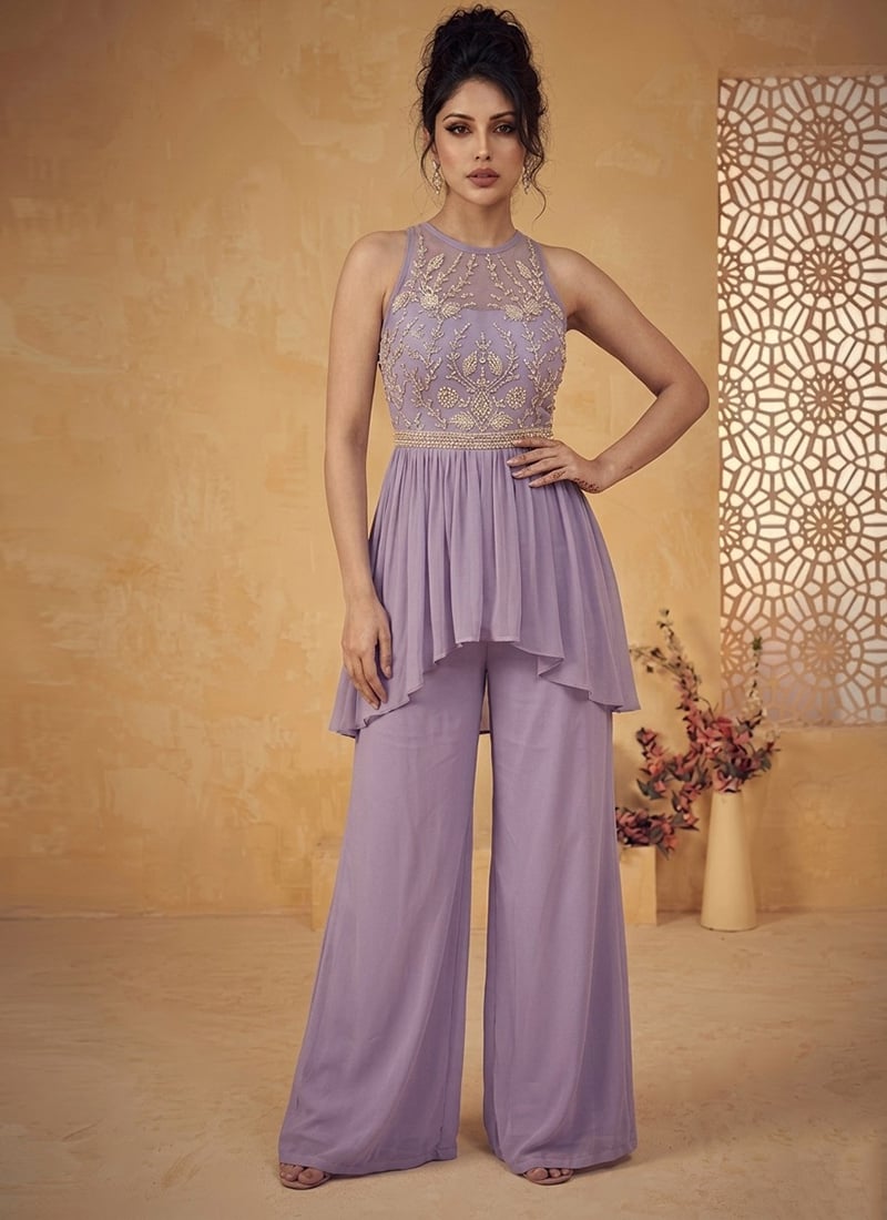 Lavender Silk Hand Embroidered Beads And Stones Indowestern Asymmetric Palazzo Set After Six Wear