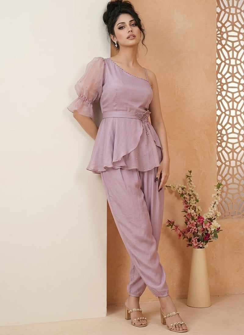 Lavender Silk Hand Embroidered Cut Dana Sequins Indowestern Peplum Palazzo Set After Six Wear