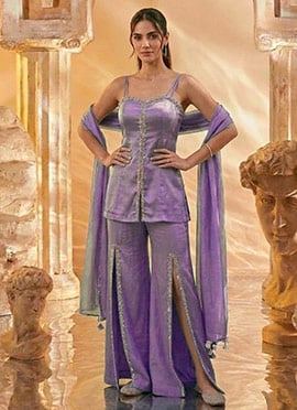 Lavender Silk Hand Embroidered Cutdana With Stone Work Palazzo Suit