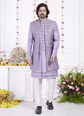 Lavender Silk Hand Embroidered Sequins Indowestern Sherwani