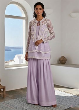 Lavender Silk Hand Embroidered Sequins Stone Work Indowestern Jacket Palazzo Set