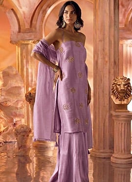 Lavender Silk Hand Embroidered With Stone Work Palazzo Suit