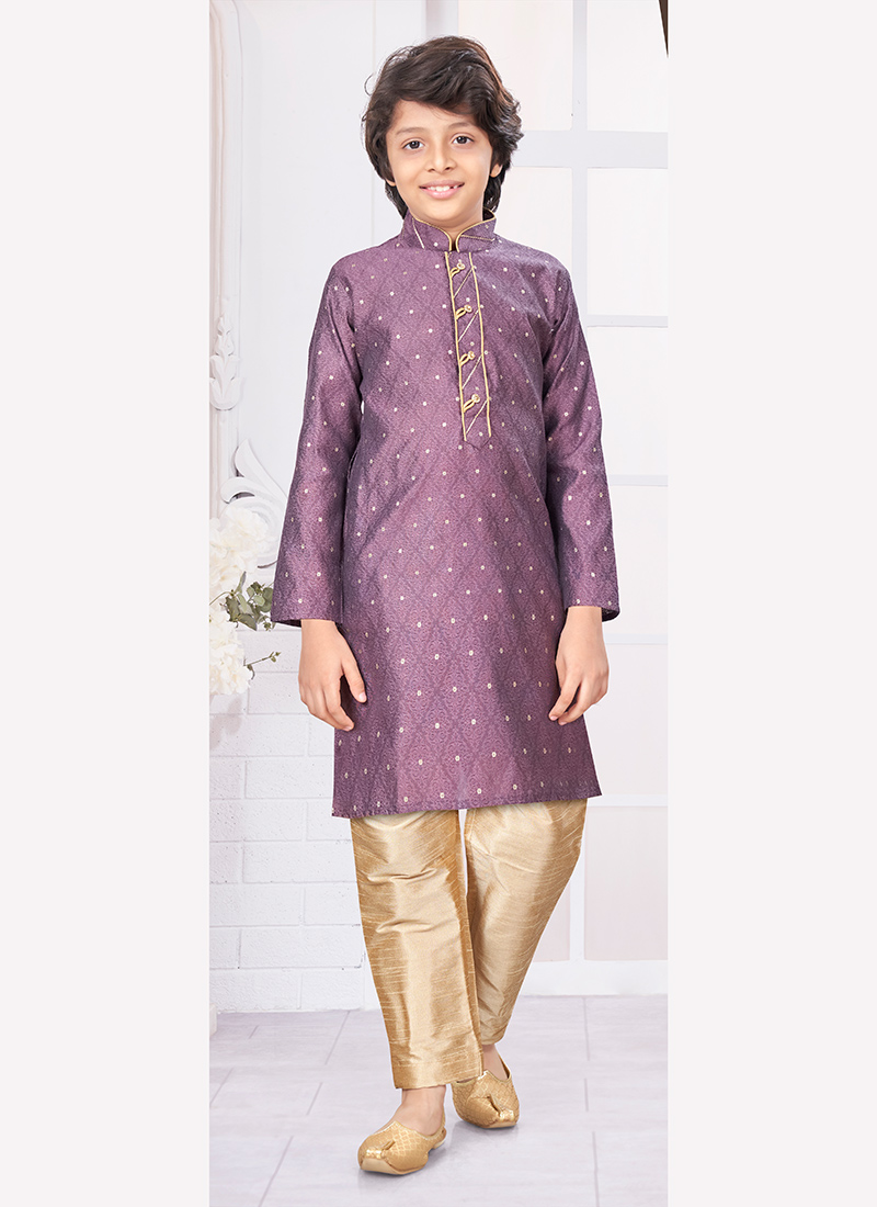 Lavender Silk Jacquard Kids Boys Kurta Pyjama Festive Wear