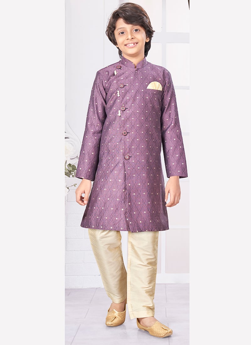 Lavender Silk Jacquard Kurta Pyjama For Young Kids Boys Party Wear