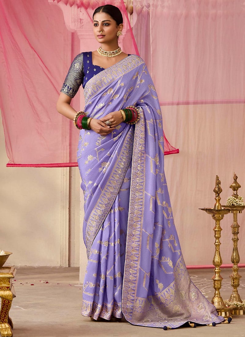Lavender Silk Jacquard Woven Saree Festive Wear