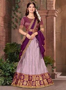 Lavender Silk Jacquard Zari Embroidered Sequins With Stone Work Lehenga