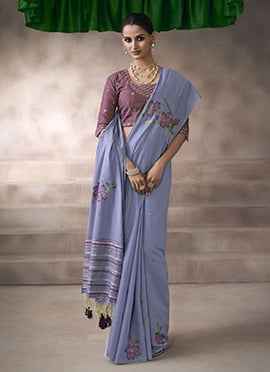 Lavender Silk Printed Embroidered Saree
