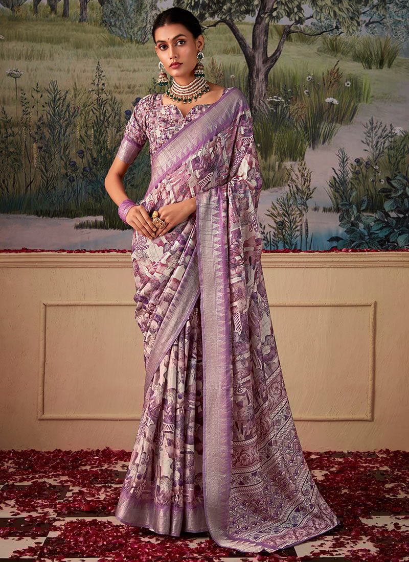 Lavender Silk Printed Saree With Jacquard For Women Festive Wear
