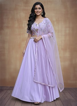 Lavender Silk Resham Sequins Hand Embroidered A Line Lehenga