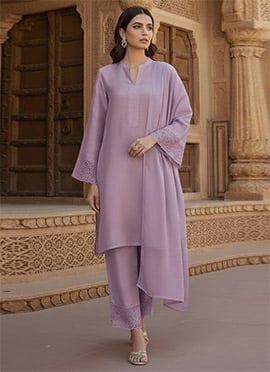 Lavender Silk Resham Work Straight Pant Suit