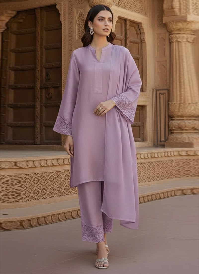 Lavender Silk Resham Work Straight Pant Suit Festive Wear