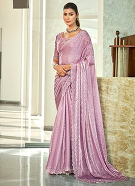Lavender Silk Stone And Beads Embossed Saree