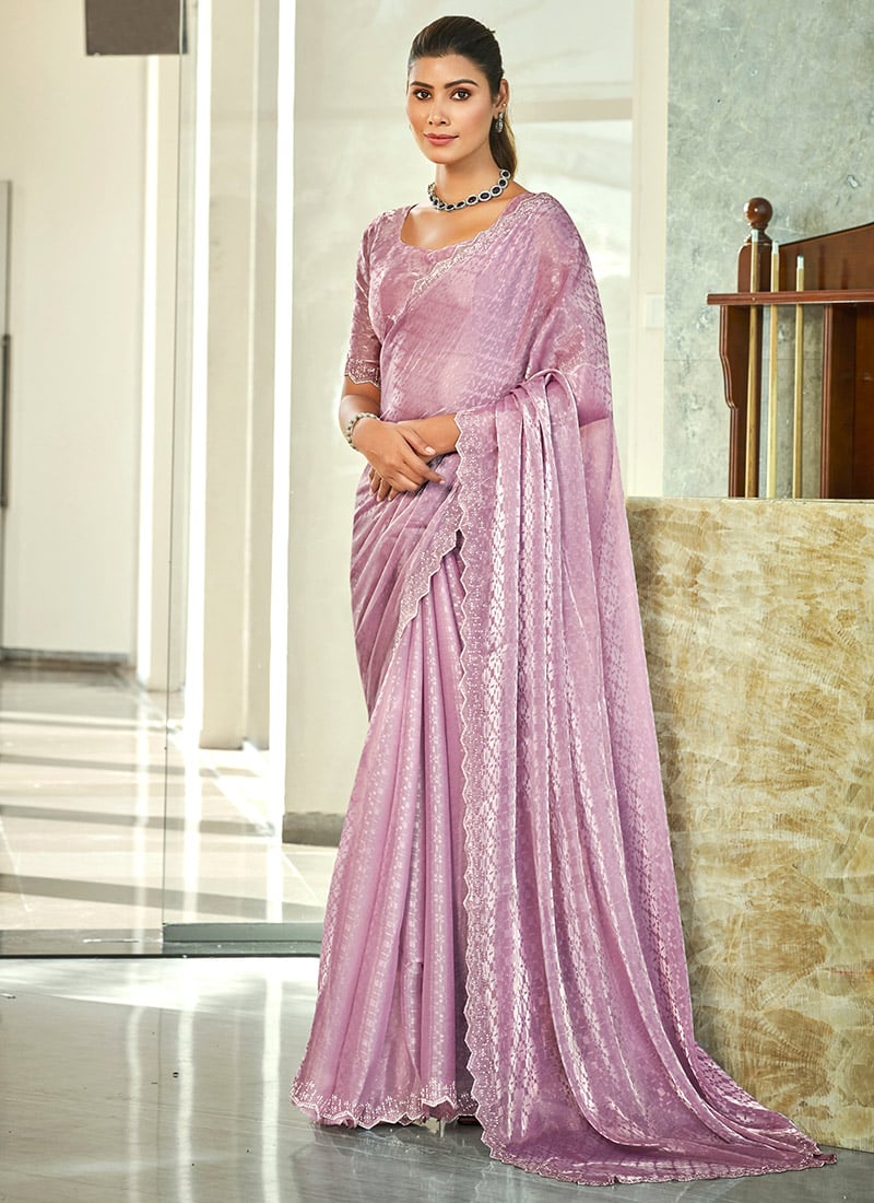 Lavender Silk Stone And Beads Embossed Saree Festive Wear