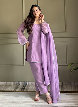 Lavender Silk With Stones Work Straight Pant Suit