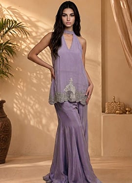 Lavender Silk Zari Beads Embroidered Indo Western Sharara Set