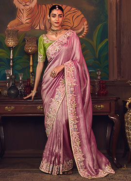 Lavender Silk Zari Embroidered Sequins Beads Stones Thread Saree
