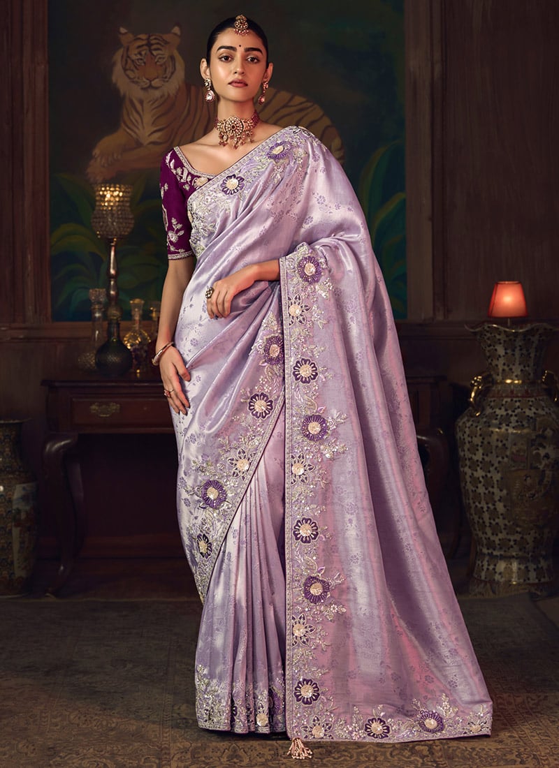 Lavender Silk Zari Embroidered Sequins Beads Stones Thread Saree Wedding Wear