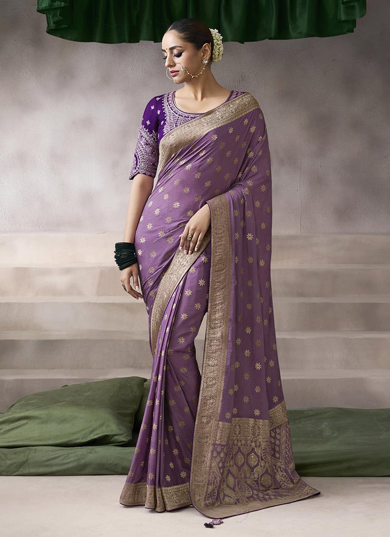 Lavender Silk Zari Embroidered Sequins Jacquard Saree Festive Wear