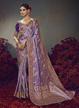 Lavender Silk Zari Embroidered Sequins Jacquard Saree