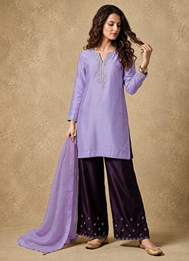 Lavender Silk Zari Embroidered With Beads Work Semi Palazzo Suit Set